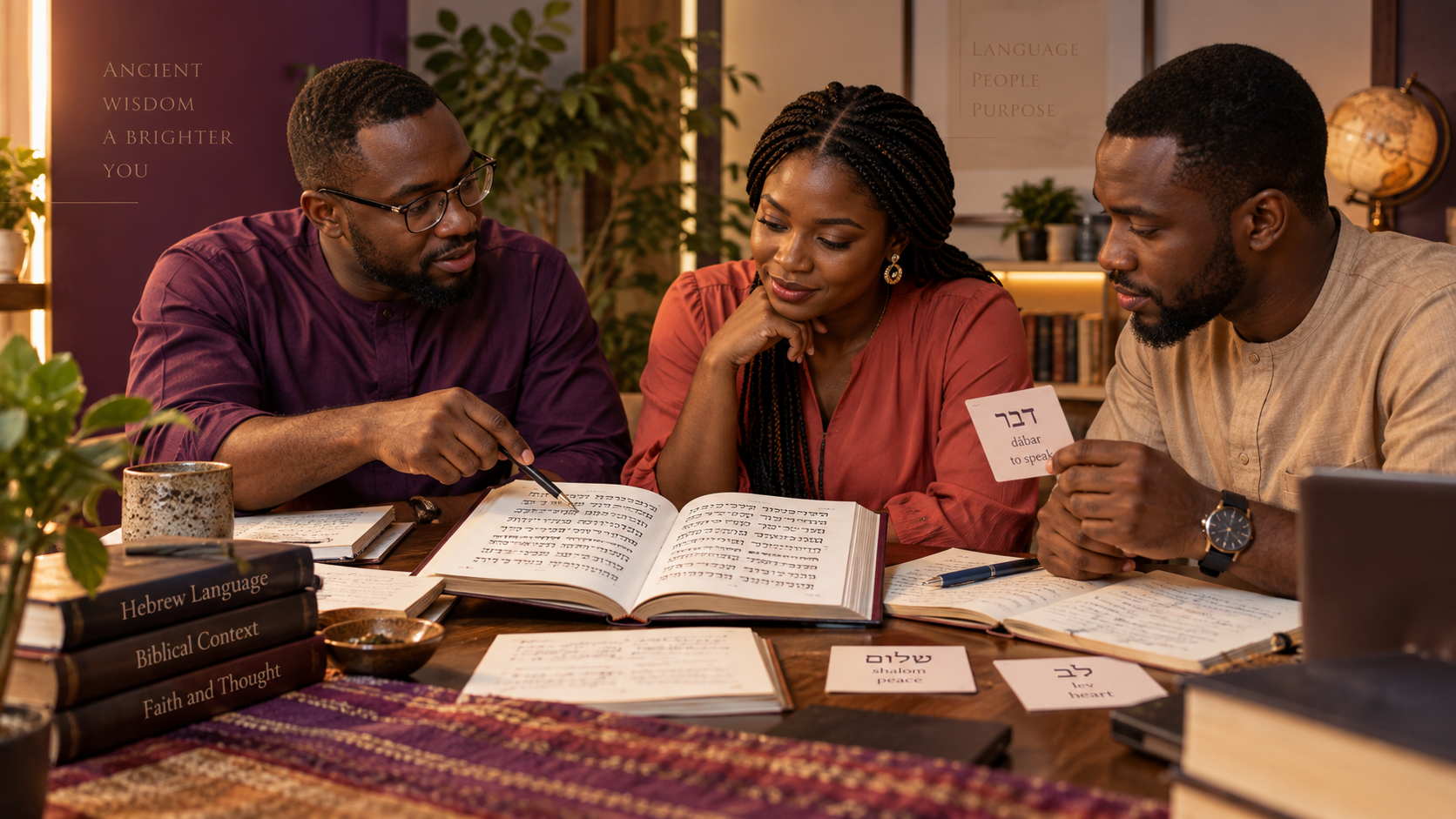 Three Nigerian adult learners studying Biblical Hebrew together